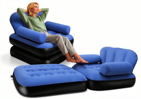 Inflatable Sofa PRAXXIS Pull Out Couch with Headboard Twin Size Blue-0