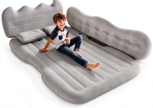 Thickened Inflatable Car Mattress for Back Seat - SUV Air Mattress Bed for Camping & Road Trips, Portable Car Blow Up Mattress with Cup Holder, 2 Pillows & Carry Bag - Grey-0