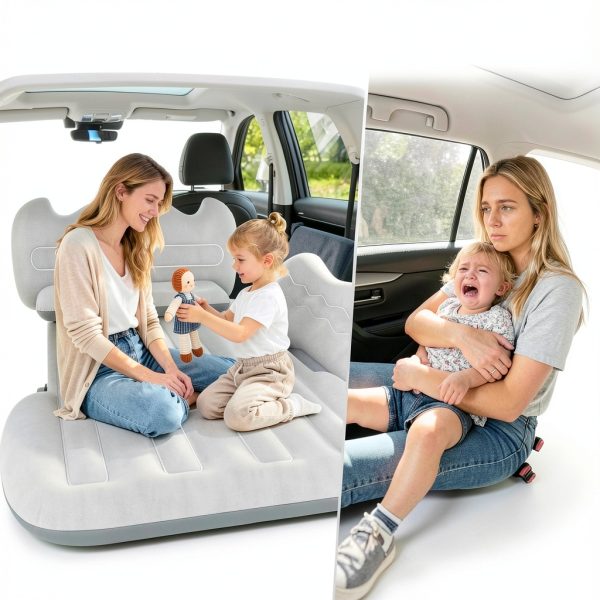 Thickened Inflatable Car Mattress for Back Seat - SUV Air Mattress Bed for Camping & Road Trips, Portable Car Blow Up Mattress with Cup Holder, 2 Pillows & Carry Bag - Grey-4