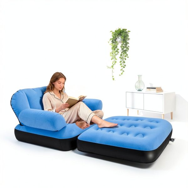 Inflatable Sofa PRAXXIS Pull Out Couch with Headboard Twin Size Blue-1