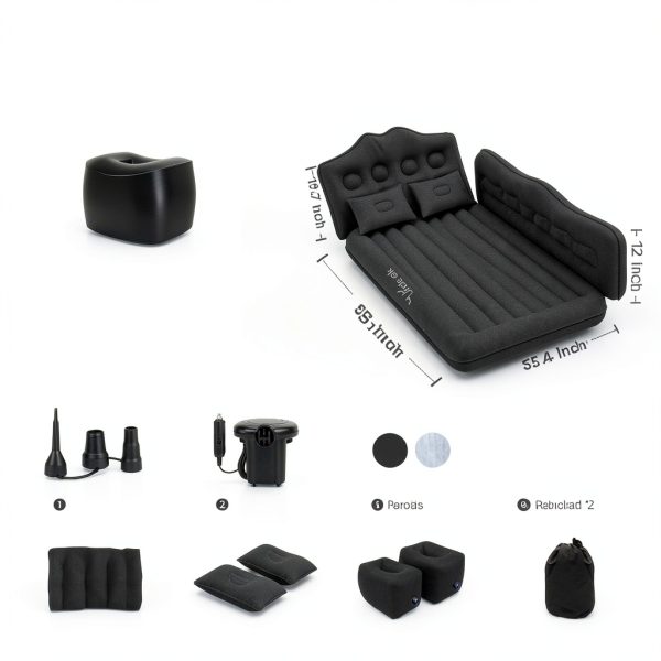 Car Air Mattress Uncle elk 6" Plush Seat with Pump & Pillows Black-2