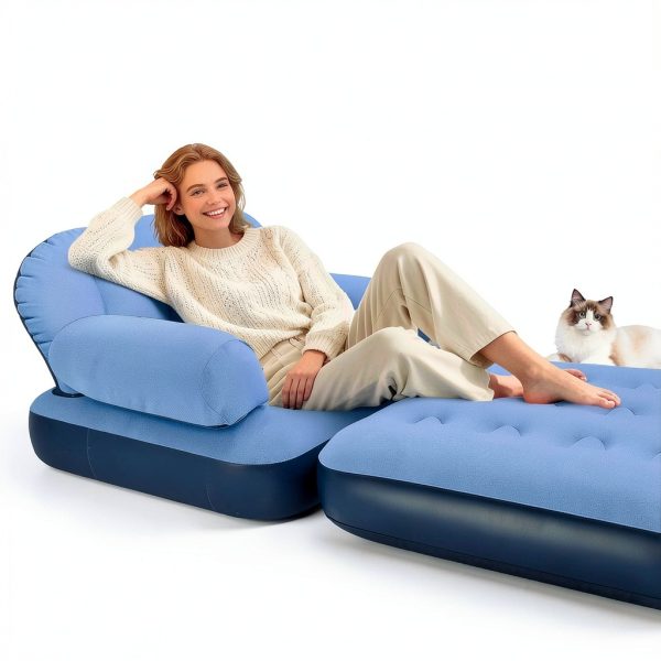 Inflatable Sofa PRAXXIS Pull Out Couch with Headboard Twin Size Blue-3